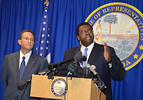 House Democratic leader Perry Thurston, D-Fort Lauderdale, speaks at a news conference about Florida's "stand your ground" law Wednesday as Rep. Mark Pafford, D-West Palm Beach, listens. Photo by Bill Cotterell.