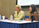 Florida Commissioner of Education Pam Stewart, left, welcomes people Thursday to the last of three meetings held about Common Core. Mary Jane Pappan, chancellor of standards and instruction for DOE, is at right. Photo by James Call.
