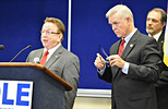 FDLE forensics director David Coffman talks about the escape Tuesday as FDLE Commissioner Gerald Bailey, center, and Assistant Commissioner for Investigations and Forensics Jim Madden listen. Photo by Bill Cotterell.