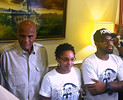 Civil rights activist Harry Belafonte, left,  stands with FAMU Dream Defenders president Melanie Andrade and Dream Defenders executive director Phillip Agnew in the reception area of Gov. Rick Scott's office on Friday. Photo by Nathan Pemberton.