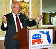 State Rep. Dennis Baxley, R-Ocala, discusses his 'stand your ground' law Wednesday with Leon County Republicans. Photo by Bill Cotterell.
