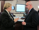 State Sen. Dorothy Hukill talks with Senate general counsel George Levesque after a training session on ethics, public records and open meeting requirements for lawmakers on Tuesday. Photo by Bill Cotterell.