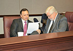 State Sen. Jack Latvala, R-Clearwater, right, talks with Sen. Tom Lee, R-Valrico, after the Senate Rules Committee meeting on Wednesday. Photo by Bill Cotterell.