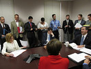 Rep. Jimmy Patronis meets with a room full of lobbyists and a three reporters to discuss his environmental permitting bill, HB 703. Photo by Bruce Ritchie.