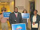 Sen. Dwight Bullard, at the lectern, and Sen. Thompson, right, talk about their view that Gov. Scottâ€™s proposed budget is short-sighted and shortchanges Florida public schools. Photo by James Call.