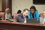 Senate Judiciary Chairman Tom Lee, R-Brandon, and Sen. Arthenia Joyner, D-Tampa, look over a section of the Florida Constitution dealing with when new governors take office Tuesday during committee debate./Bill Cotterell, the Florida Current