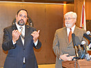 Rep. Ray Rodriguez, left, speaks at a news conference Thursday with Sen. Jack Latvala about their bill defining residency for elected public officers who are required to live in their districts. Photo by Bill Cotterell.