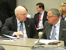 Sen. Alan Hays, chair of the Subcommittee on Gen.Government and Rep. Ben Albritton, chair of the Ag & Natural Resources Subcommittee, chat before a budget meeting. Photo by Bruce Ritchie