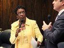 Sen. Arthenia Joyner, left, asks Sen. Miguel Diaz de la Portia a question on the Senate floor. Photo Credit: Ana Goni-Lessan