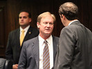 Sen. JD Alexander, left, speaks with Sen. Joe Negron on the Senate floor. Photo Credit: Ana Goni-Lessan