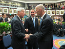 CFO Jeff Atwater, center, greets Gov. Rick Scott, right, with former Gov. Bob Graham on the opening day of the 2013 session. Atwater is seeking greater review of state contracts. File photo by Bill Cotterell.