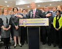 Dozens of educators flank Gov. Rick Scott as he announces his $74.2 billion state budget plan for the 2013-14 fiscal year, during a news conference at the state Capitol in Tallahassee on Thursday. Photo by Bill Cotterell.