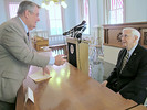 Senate President Don Gaetz, left, chats with former Gov. Reubin Askew prior to a ceremony Monday honoring Askew for his many decades of service to Florida. Photo by Bill Cotterell.