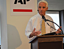 Former Gov. Charlie Crist discusses his election bid bid during The Associated Press presession summit Wednesday. Thursday morning found him still leading Gov. Rick Scott in a new poll. Photo by Bill Cotterell.