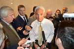 Former Gov. Charlie Crist, now a Democrat running for governor again, speaks with Capitol reporters Wednesday after addressing the Associated Press annual pre-session legislative conference. Photo by Bill Cotterell.