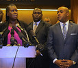 Rep. Alan Williams, right,  stands with Sybrina Fulton,Trayvon Martin's mother, in January inside the Capitol as she spoke for his 2013 repealer of "stand your ground." He filed another such bill Monday. Photo by Bill Cotterell.