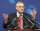 Peter Brown of the Quinnipiac University Polling Institute discusses the newest Q Poll in Florida at a news conference Wednesday. It showed strong disapproval of Gov. Rick Scott, and widespread popularity for ex-Gov. Charlie Crist. Photo by Bill Cott